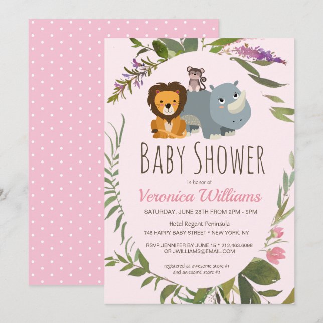 Invitation Sweet Jungle Safari Animaux Rose Girl Baby shower (Devant / Derrière)