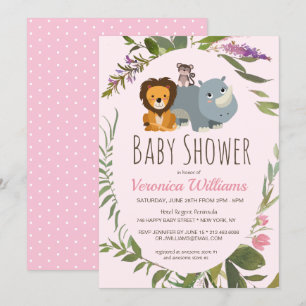 Invitation Sweet Jungle Safari Animaux Rose Girl Baby shower