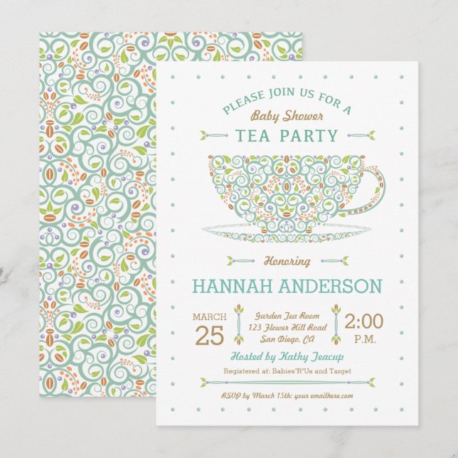 Invitation Sweet Lacy Teacup Baby shower genre neutre (Devant / Derrière)