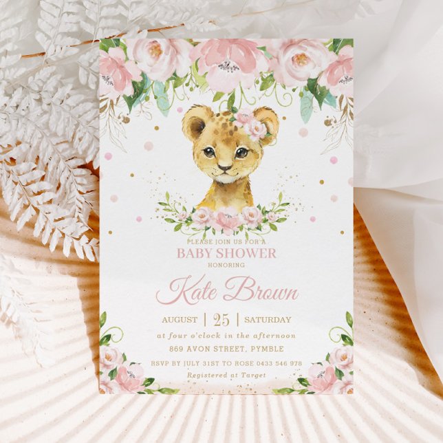 Invitation Sweet Lion Blush rose Floral Baby shower fille or (Créateur téléchargé)