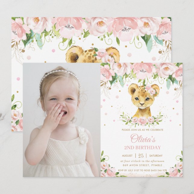 Invitation Sweet Lion Cub Blush Rose Floral Photo Anniversair (Devant / Derrière)