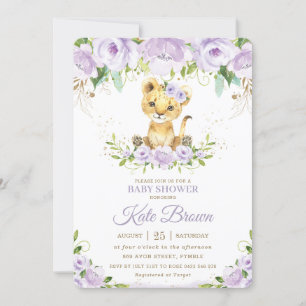 Invitation Sweet Lion Cub Purple Floral Girl Baby shower