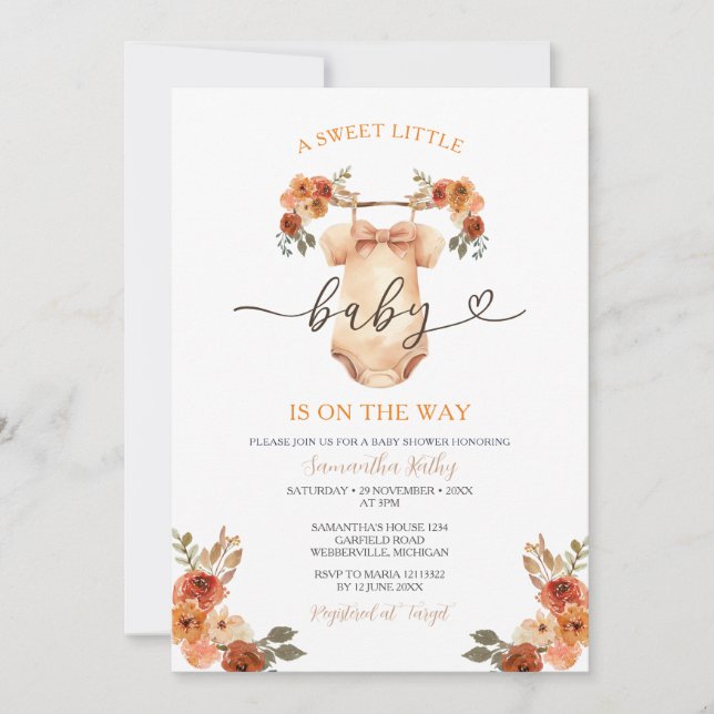 Invitation Sweet Little Baby Clothesline Baby shower floral (Devant)