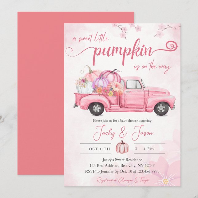 Invitation Sweet Little Citrouille Baby shower fille rose (Devant / Derrière)