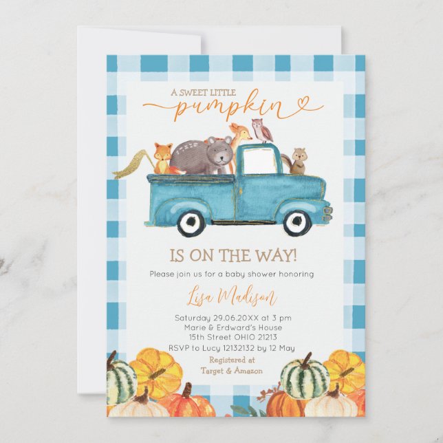 Invitation Sweet Little Citrouille Bleu En vichy Baby shower  (Devant)