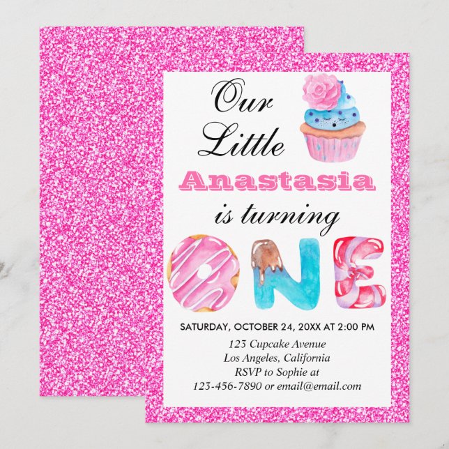 Invitation Sweet Little Cupcake Parties scintillant rose 1er  (Devant / Derrière)