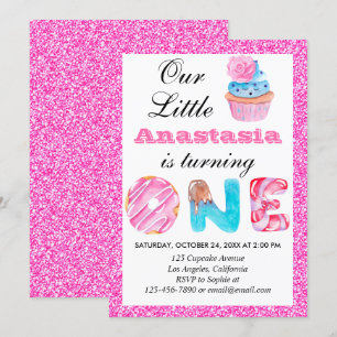 Invitation Sweet Little Cupcake Parties scintillant rose 1er 