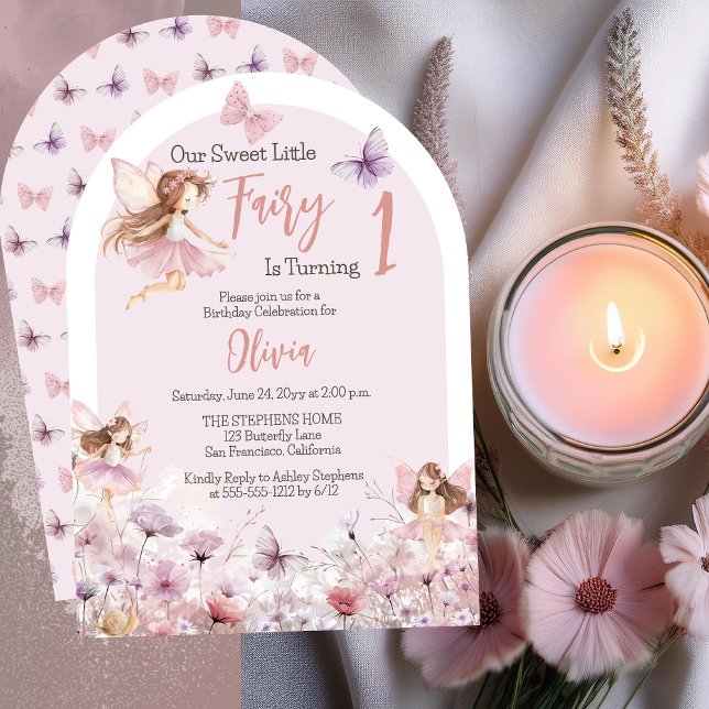 Invitation Sweet Little Fairy Fleurs sauvages 1er anniversair ("Our Sweet Little Fairy Is Turning 1" Enchanting Fairies Girl 1st Birthday Party Arched Invitation)