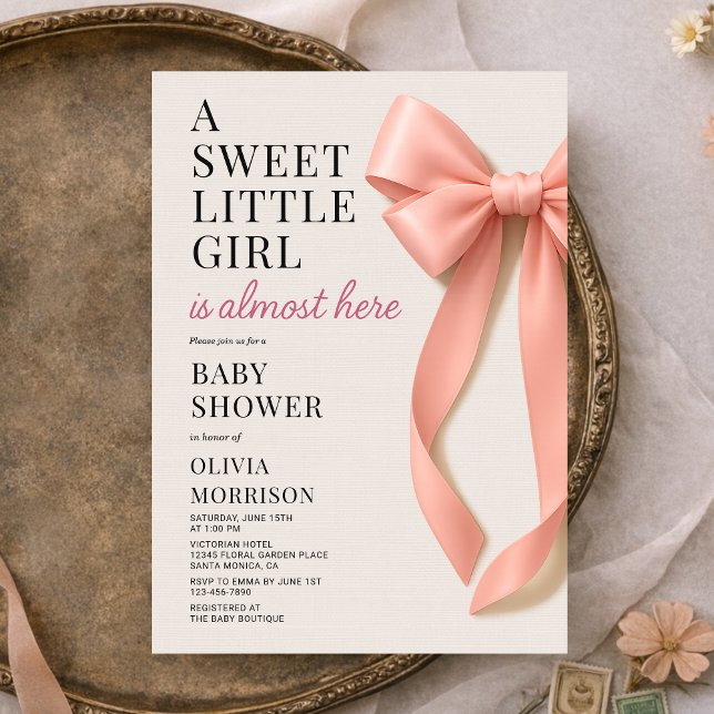 Invitation Sweet Little Girl is Almost Here Bow Baby Shower (Créateur téléchargé)