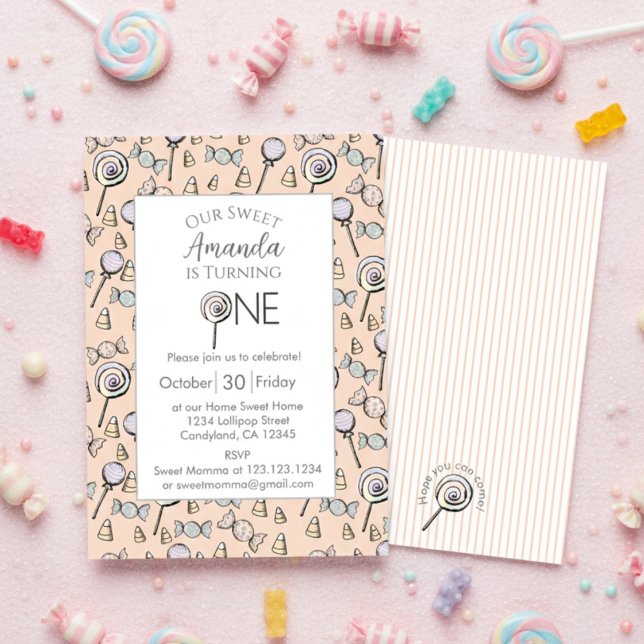 Invitation Sweet Little One Candy Thème 1er anniversaire (Orange 1st Birthday Invitation Card for Baby Girl. Sweet One Candy Theme with Colorful Lollipop.)