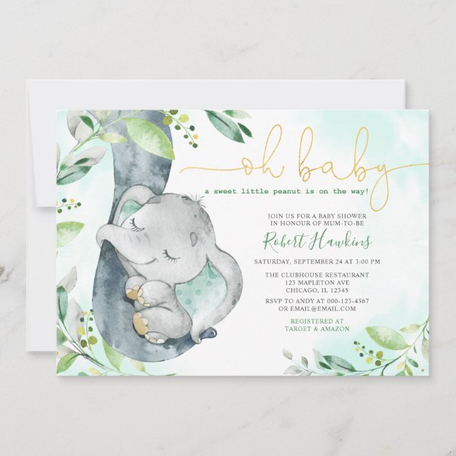 Invitation Sweet Little Peanut Boy Elephant Baby shower Invit (Devant)