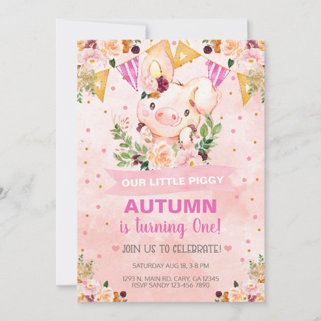 Invitation Sweet Little Piggy Pig Girl Anniversaire Invitatio (Devant)