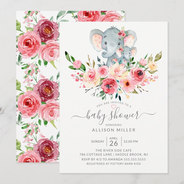 Invitation Sweet Mom & Baby Elephant Baby shower floral (Devant / Derrière)