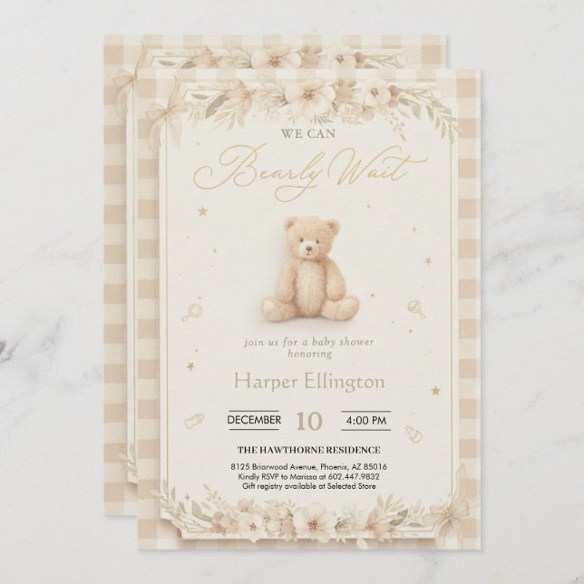 Invitation Sweet Neutral Teddy Bear Baby Shower Invite (Devant / Derrière)