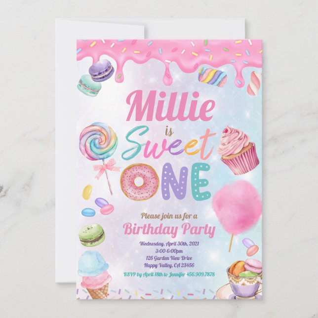 Invitation Sweet One 1er Anniversaire Pink Pastel Sprinkle (Devant)