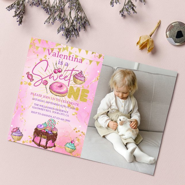 Invitation Sweet One 1er Anniversaire Rose Faux Parties scint (Créateur téléchargé)