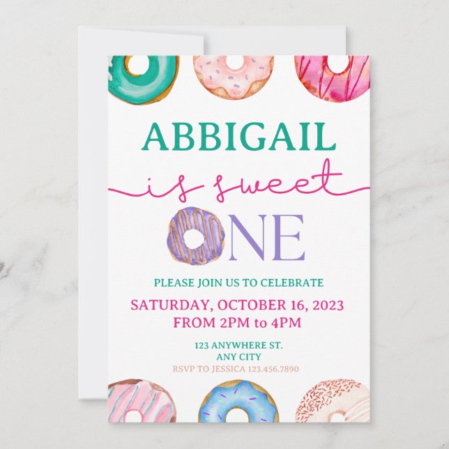 Invitation Sweet One aquarelle beignes 1er anniversaire (Devant)