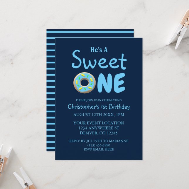 Invitation Sweet One Blue Donut Boy 1er anniversaire (Devant/Arrière en situation)