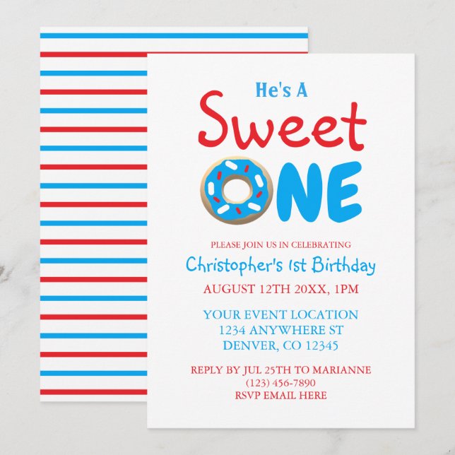 Invitation Sweet One Blue Donut Boy 1er anniversaire (Devant / Derrière)