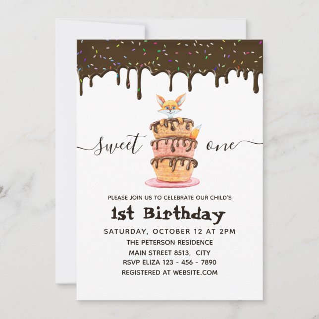 Invitation Sweet One Chat et séchage Chocolat 1s Anniversaire (Devant)