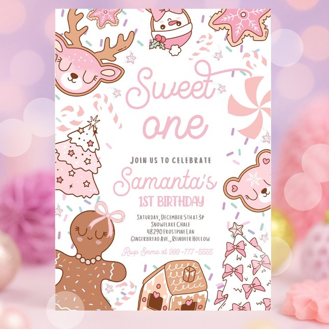 Invitation Sweet One Christmas Cookie 1er Anniversaire (Sweet One Christmas first birthday invitation with holiday cookies, gingerbread, and festive red and)
