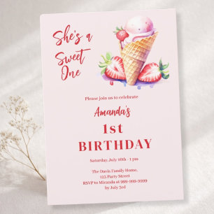 Invitation Sweet One crème glacée fraise 1er anniversaire