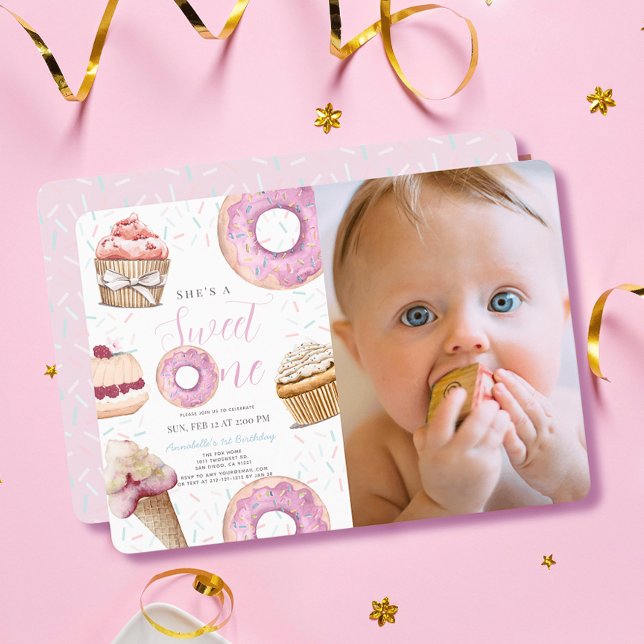 Invitation Sweet One Cupcake & Donuts Girl Photo 1er annivers (Créateur téléchargé)