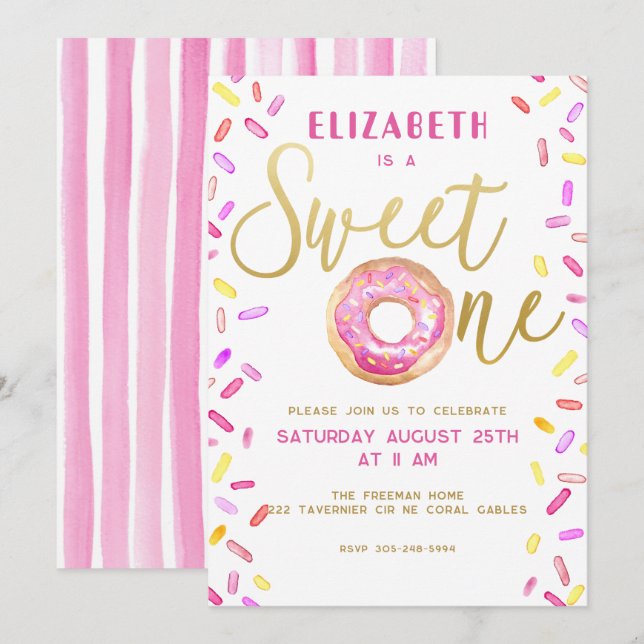 Invitation Sweet One Donut Girl 1er anniversaire fête rose (Devant / Derrière)