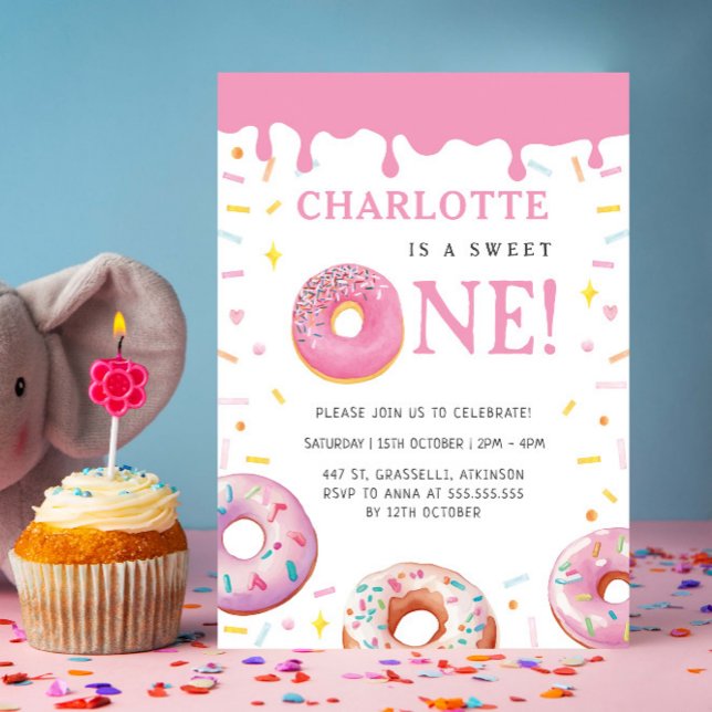 Invitation Sweet One Donut Pink Glaze Premier anniversaire fê (Créateur téléchargé)