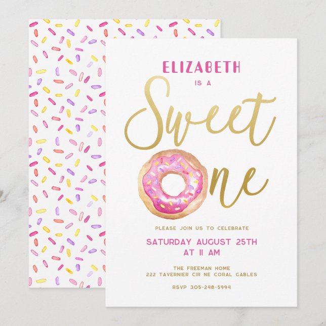 Invitation Sweet One Donut Sprinkle Girl 1er anniversaire (Devant / Derrière)