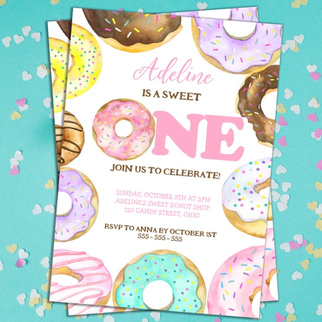 Invitation Sweet One Donuts 1er anniversaire fille aquarelle (Sweet One Donut 1st Birthday Invitation for Girls)