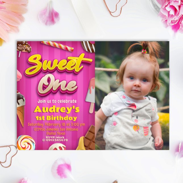 Invitation Sweet One - Fille 1er anniversaire avec photo (Sweet One - Girl 1st Birthday with Photo Invitation
)