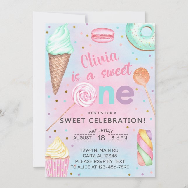 Invitation Sweet One girl first, 1er anniversaire invitation. (Devant)