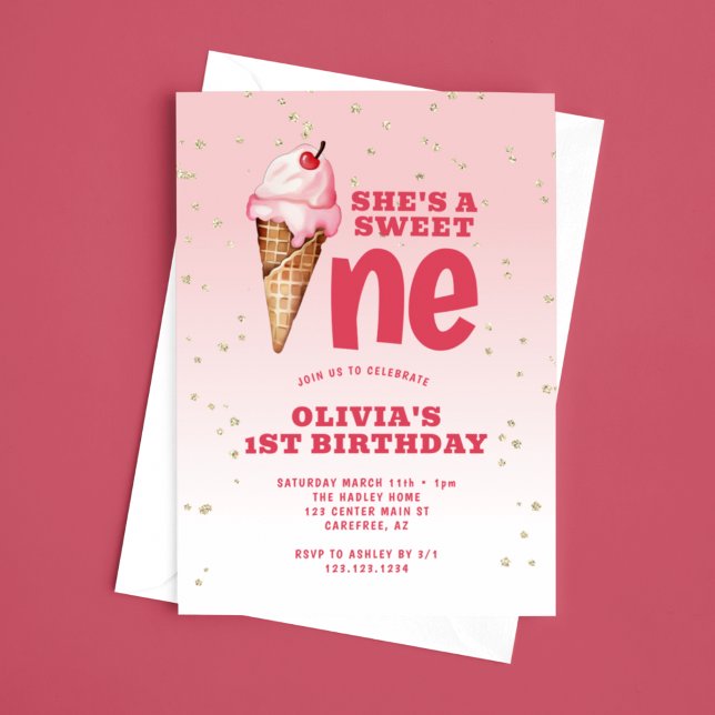 Invitation Sweet One Ice Cream rose 1er anniversaire (Créateur téléchargé)