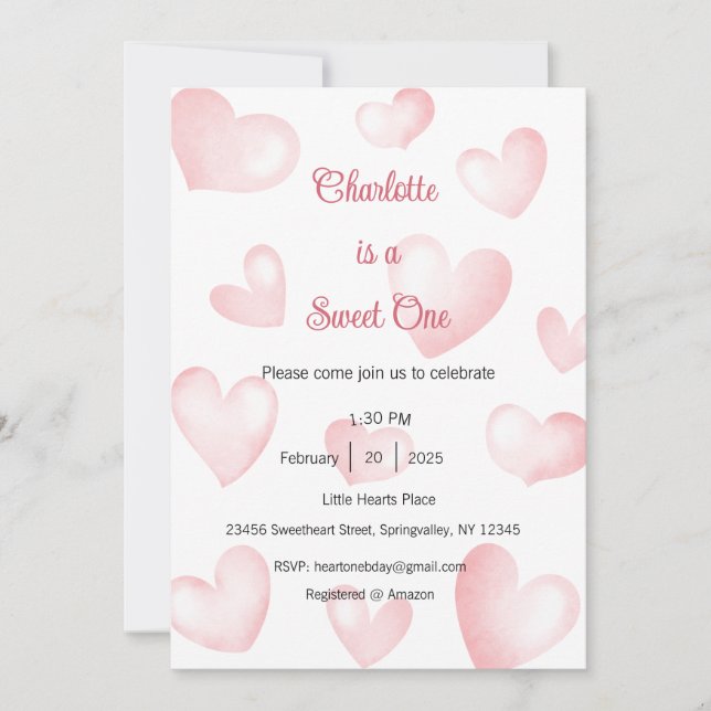 Invitation Sweet One Invitation, Sweetheart One Party, Heart (Devant)