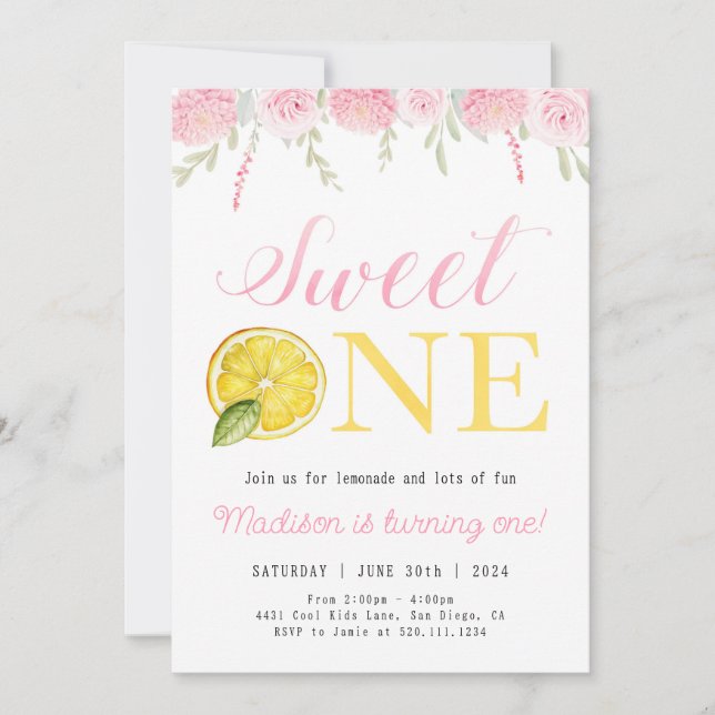 Invitation Sweet One Lemonade Anniversaire Fille Fête Invitat (Devant)