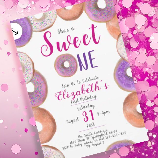 Invitation Sweet One mignonne Donut rose fille 1er anniversai (Créateur téléchargé)