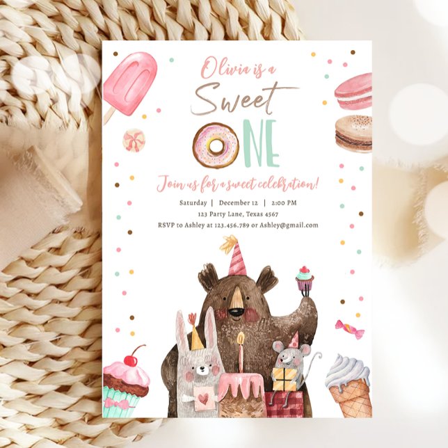 Invitation Sweet One Party Animaux Donut Girl Premier anniver (Créateur téléchargé)
