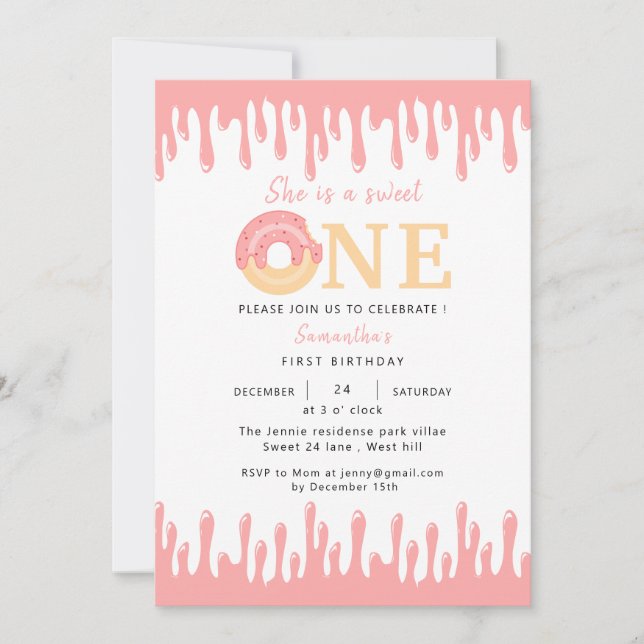 Invitation Sweet One Pink Donut 1er anniversaire (Devant)