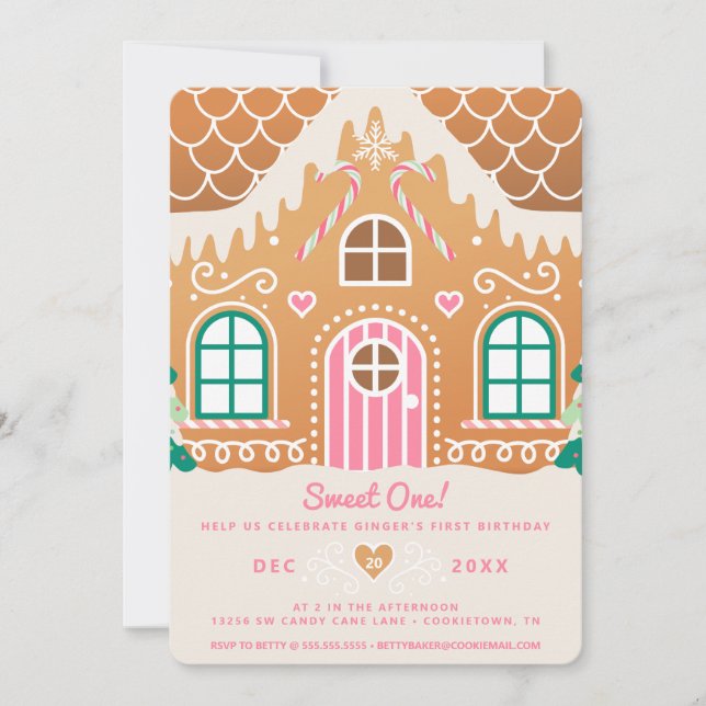 Invitation Sweet One Premier Anniversaire Pain d'épices rose (Devant)
