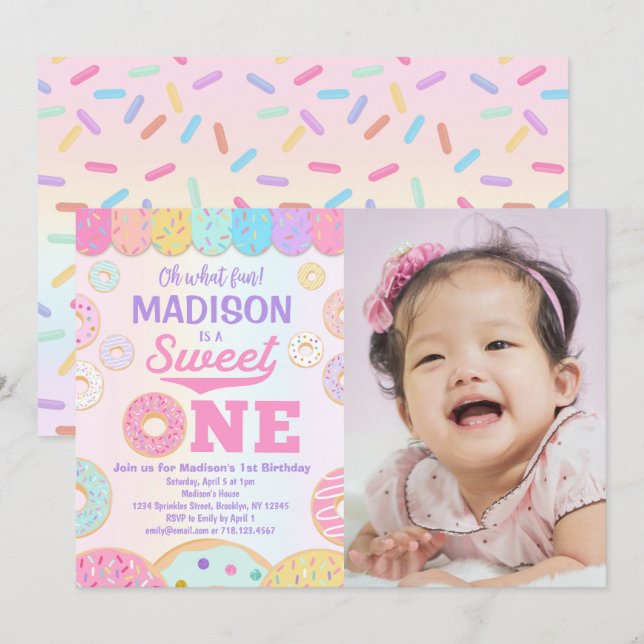 Invitation Sweet ONE Rainbow Donut 1er Anniversaire Photo (Devant / Derrière)