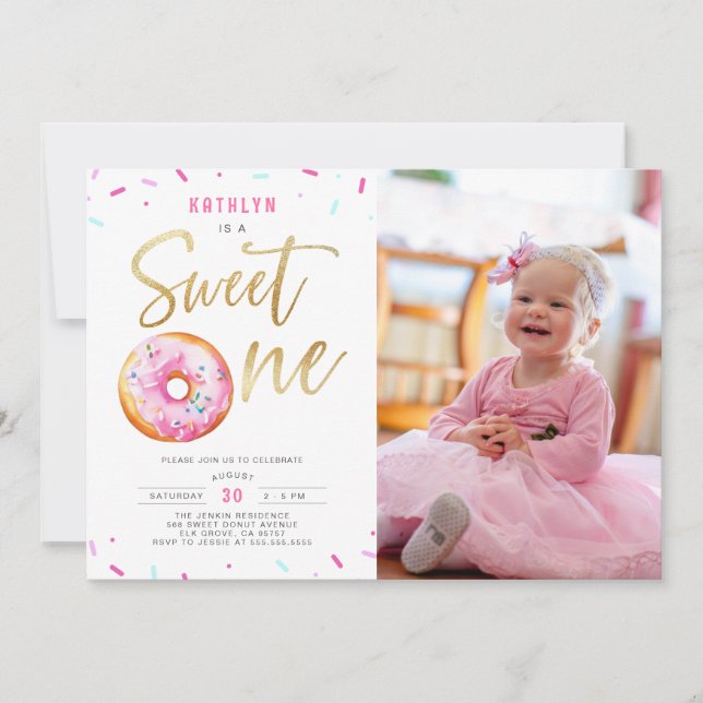 Invitation Sweet One Rose Gold Donut Girl 1er Anniversaire Ph (Devant)