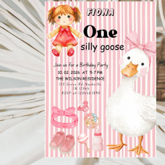 Invitation Sweet ONE Silly Goose Baby Girl 1st Birthday Party