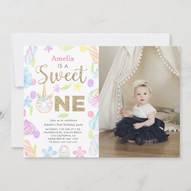 Invitation Sweet One Unicorn Donut Photo 1er anniversaire (Devant)