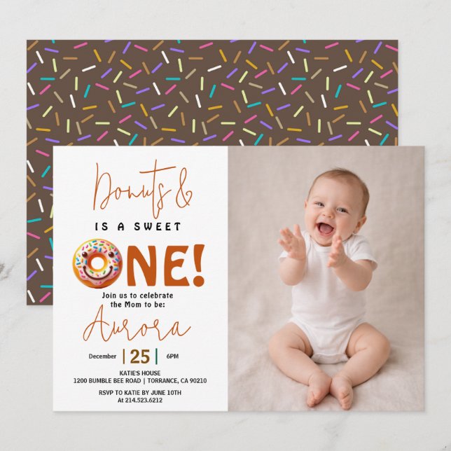 Invitation  Sweet One watercolor donut 1st birthday (Devant / Derrière)