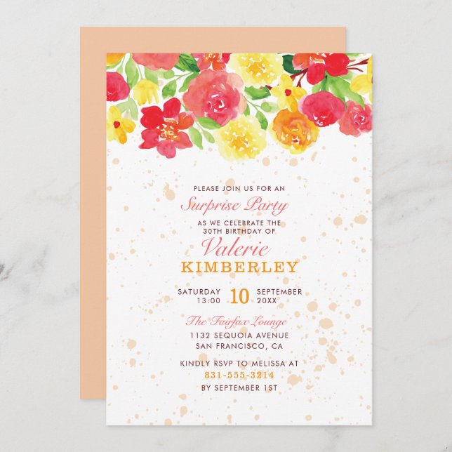 Invitation Sweet Orange Botanique Rose Spring Surprise Party (Devant / Derrière)