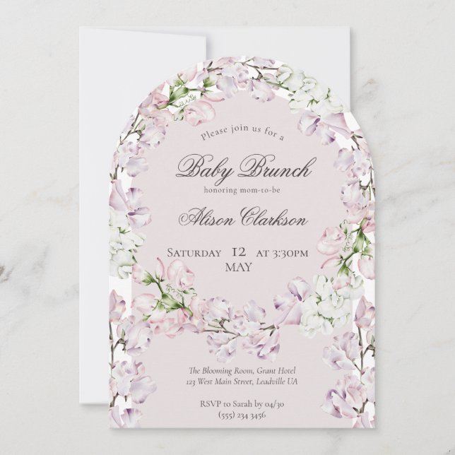 Invitation Sweet Pea flower Bébé brunch élégant lavande (Devant)