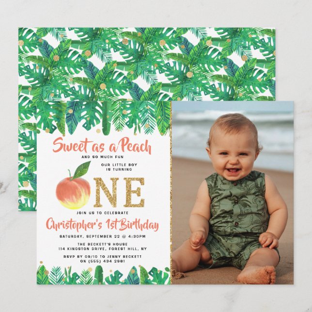 Invitation Sweet Peach Boys 1er Birthday Photo (Devant / Derrière)