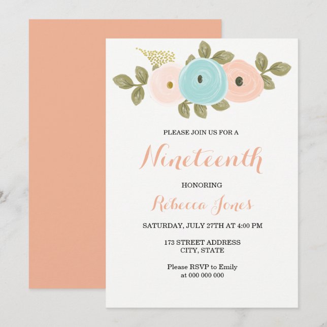 Invitation Sweet Peach Floral 19e Anniversaire Fête Invitatio (Devant / Derrière)