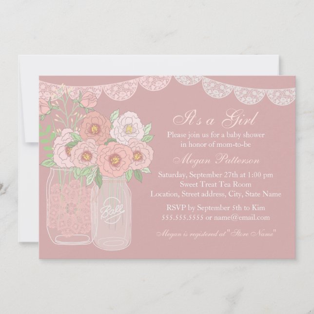 Invitation Sweet Peach & Pink Mason Jar Baby shower Invitatio (Devant)